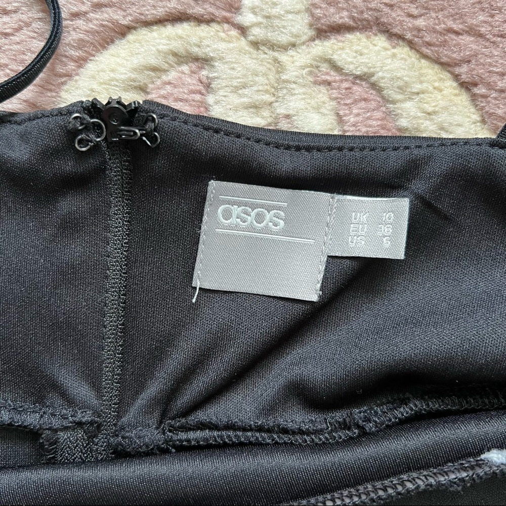 ASOS black mini slip dress sz 6 empire waist babydoll skater stretchy satin - Picture 4 of 7